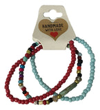 Handmade 3-Piece Colorful Beaded Bracelet Set Red Blue Yellow Black White with Marbled Accent Gift