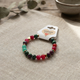 Ruby Zoisite Inspired Colorful Gemstone Beaded Bracelet Handmade Stretch Boho Jewelry Gift for Her, Pink Green Teal Beads with Heart Charm