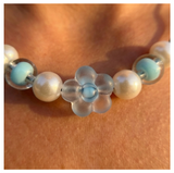 Minimalist Floral Design Necklace with Acrylic White Pearl Beads, Black Cord, Lobster Claw with Extension Chain