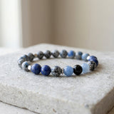 Blue Gemstone Beaded Bracelet, Navy and Gray Stretch Stackable Jewelry Handmade Minimalist Natural Stone Stackable Gift for Her