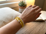 Handmade Yellow White Beaded Bracelet Set, Starfish Charm, Boho Ocean Jewelry
