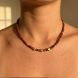 Brown Seed Bead Necklace with Gold Star Charms, Dainty Beaded Jewelry Metal-Plated Clasp w/ Extension Chain