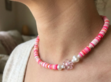 Pink Heishi Bead Necklace, Surfer Style Beach Flower Beaded Jewelry, Pastel White Coral Choker, Metal-Plated Clasp w/ Extension Chain