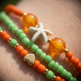 Handmade Orange Green Beaded Bracelet Set, Starfish & Heart Charms, Boho Ocean Jewelry