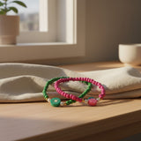 Green & Pink Fruit Beaded Bracelet Set, Strawberry and Kiwi Charms— Handmade Colorful Bead Stretch Jewelry Gift For Her