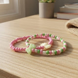 Handmade Pink Green White Beaded Bracelet Set, Flower & Candy Charm, Playful Boho Jewelry