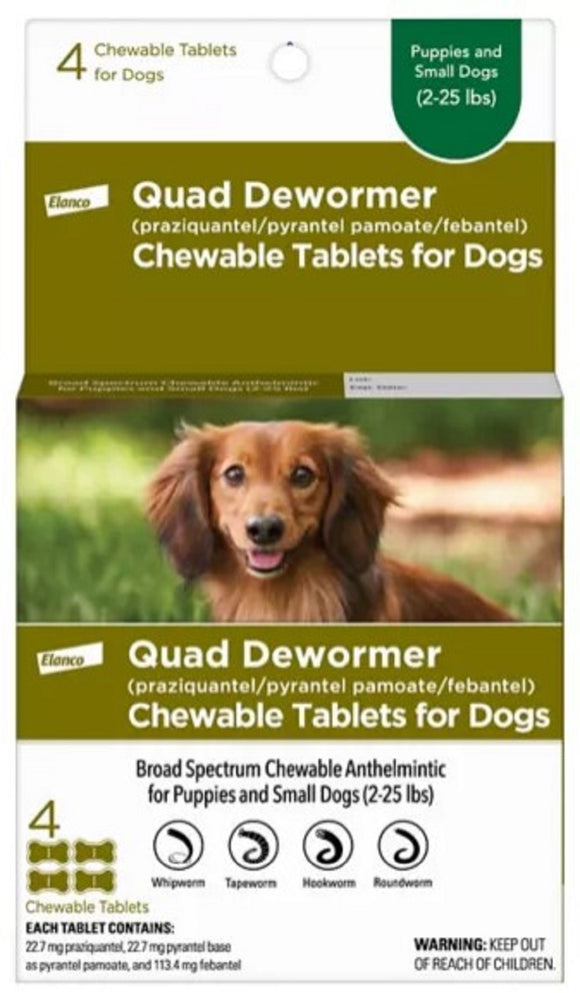 Elanco 90208128 Quad Dewormer Chewable Tablets for Small Dogs 2-25 lbs, 22.7 mg