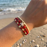 Handmade Red Cream Beaded Bracelet Set, Starfish and Heart Charm, Boho Ocean Jewelry