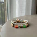 Handmade 2-Piece Bracelet Set with White Beads, Orange & Green Accents, Flower & Smiley Charms – Gift Jewelry, Boho Chic Style