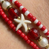 Handmade Red White Gold Beaded Bracelet Set, Starfish Charm, Boho Ocean Jewelry