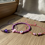 Purple Pink Evil Eye Bracelet Set, Butterfly Crown Charm Friendship Bracelets, Adjustable Beaded Jewelry Gift