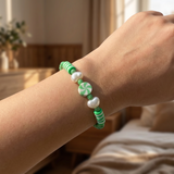 Green Clay Bead Pearl Bracelet, Preppy Peppermint Swirl Candy Jewelry,  Cute Summer Gift for Her