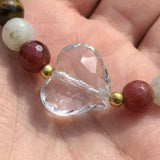 Handmade Gemstone Romantic Beaded Heart Bracelet Crystal Jewelry Red and Clear Boho Style Minimalist