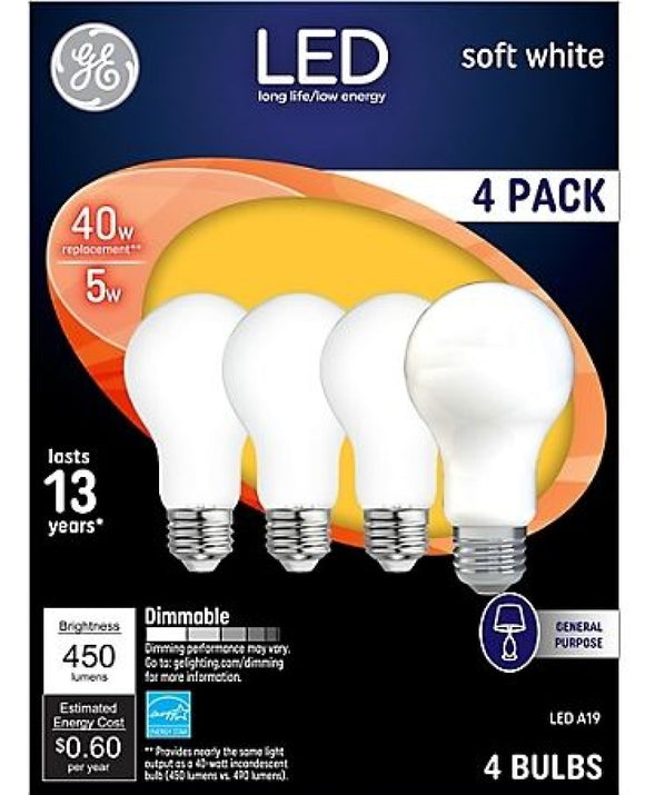 GE 93098311 LED Light Bulbs Frosted Soft White, 450 Lumens, 5-Watts, A19, 4 Pack