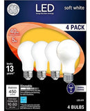 GE 93098311 LED Light Bulbs Frosted Soft White, 450 Lumens, 5-Watts, A19, 4 Pack