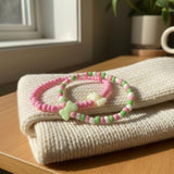 Handmade Pink Green White Beaded Bracelet Set, Flower & Candy Charm, Playful Boho Jewelry