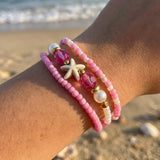 Handmade Pink White Gold Beaded Bracelet Set, Starfish Charm, Boho Ocean Jewelry