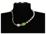 Handcrafted Spring Leaf and Pearl Necklace with Faceted Crystal Beads, Metal-Plated Clasp w/ Extension Chain