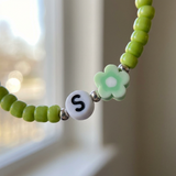 Green Initial Bracelet • Custom Flower Bead Bracelet • Personalized Gift for Her