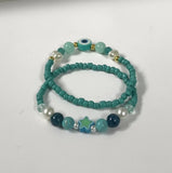 Handmade 2-Piece Turquoise Bracelet Set with White & Blue Beads, Evil Eye & Star Accents – Gift Jewelry, Boho Chic Style