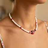 Ladybug Charm Beaded Necklace, White Seed Bead Choker Jewelry, Metal-Plated Clasp w/ Extension Chain