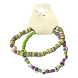Handmade Green Purple Beaded Bracelet Set, Striped & Letter Design, Playful Boho Jewelry