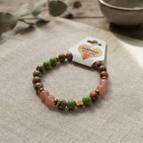 Earth Tone Beaded Bracelet, Green Pink Natural Stone with Heart Charm Stretch Gemstone, Boho Handmade Jewelry, Stackable