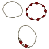 Handmade Red White Beaded Bracelet Set, Silver Heart Charm, Boho Ocean Jewelry