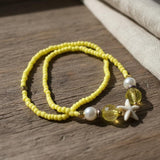 Handmade Yellow Beaded Bracelet Set with Star Fish Charm— Pearl Accent Beads, Beachy Stackable Summer Coastal Boho Jewelry