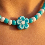 Turquoise Beaded Necklace with Flower Charm, Dainty Seed Beads Floral Jewelry, Metal-Plated Clasp with Extension Chain, Minimalist