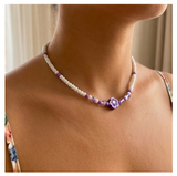 Handcrafted Lavender Bloom Beaded Necklace, Metal-Plated Clasp w/ Extension Chain