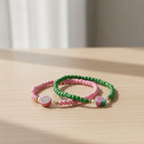 Handmade Pink Green Beaded Bracelet Set, Mushroom Charm & Pattern Accents, Playful Boho Jewelry