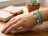 Handmade Turquoise White Pearl-Like Beaded Bracelet Set, Starfish Charm, Boho Ocean Jewelry