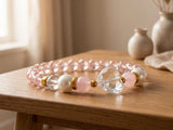 Handmade Beaded Bracelet – Swarovski Pink Glass, Quartz, Pearls, Moonstone & Gold Spacers with Clear Heart Crystal Charm