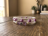 Handmade White Seed Bead Purple Pearl-Like Bracelet Set, Crystal Accents, Boho Ocean Jewelry