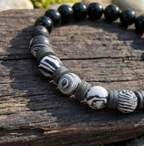 Handmade Black Onyx-style & Zebra Jasper-like Beaded Bracelet, Black White Swirl Stone, Gray Polymer Clay Heishi Spacer Beads, Boho