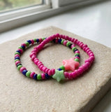 Handmade Beaded Friendship Bracelet Set (2 pcs) – Pink, Green & Blue Beads with Star Accents
