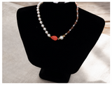 Handcrafted Classic-Modern Pearl Necklace w/ Glass Crystal Beads, Metal-Plated Clasp w/ Extension Chain