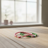 Handmade Pink Green Beaded Bracelet Set, Mushroom Charm & Pattern Accents, Playful Boho Jewelry
