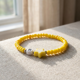 Yellow Seed Beaded Bracelet with Star Charm and Initial Letter Bead — Handmade Cute Stackable Stretch Jewelry, Minimalist Summer Gift