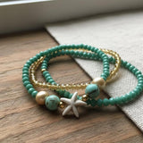 Aqua Turquoise with Gold & Ivory Accents Beaded Bracelet Set, Starfish Coastal Charm Stackable Jewelry Pearl & Crystal Stretch Bangles with