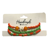Handmade Orange Green Beaded Bracelet Set, Starfish & Heart Charms, Boho Ocean Jewelry