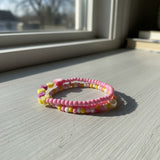 Pink Yellow Beaded Bracelet Set— Handmade Personalized Stretch Seed Beads Jewelry, Cute Best Friend Gift