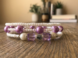 Handmade White Seed Bead Purple Pearl-Like Bracelet Set, Crystal Accents, Boho Ocean Jewelry