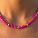 Pink Beaded Gold Star Necklace, Hot Pink Choker Bead Jewelry, Cute Minimalist, Metal-Plated Clasp w/ Extension Chain