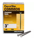 Hillman 461359 Fas-n-Tite 10D x 3in. Bright Common Nails for Woodwork - 1 lb.