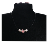 Elegant Flower Design Necklace with Acrylic White Pearl Beads, Black Cord, Lobster Claw with Extension Chain