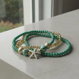 Aqua Turquoise with Gold & Ivory Accents Beaded Bracelet Set, Starfish Coastal Charm Stackable Jewelry Pearl & Crystal Stretch Bangles with
