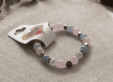 Rose Quartz Beaded Bracelet - White Pink & Blue Pastel Natural Stone Stretch Bracelet with Small Gold Heart Charm, Healing Crystal Jewelry