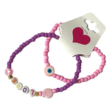 Handmade Pink Purple Beaded Bracelet Set, LOVE & Heart Design, Playful Boho Jewelry
